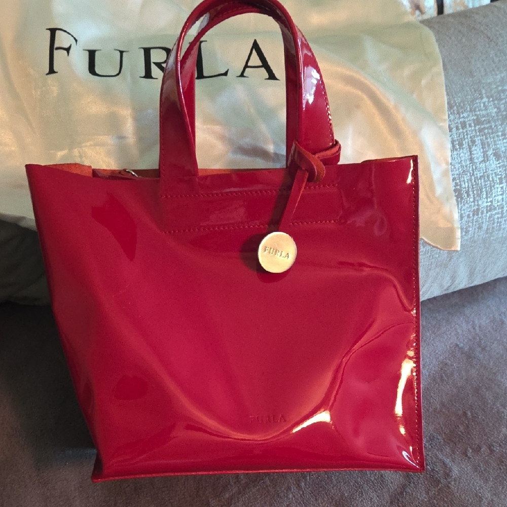 Furla Red Glossy Tote Bag with Metallic Charm